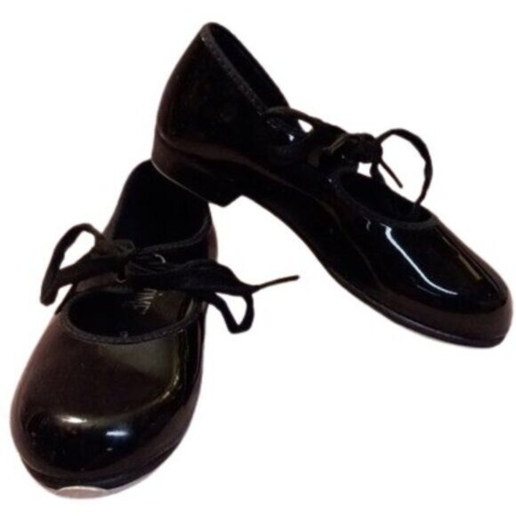 Dance Time 9 Kids Black Patent Leather Tap Shoes Laces - Picture 1 of 9